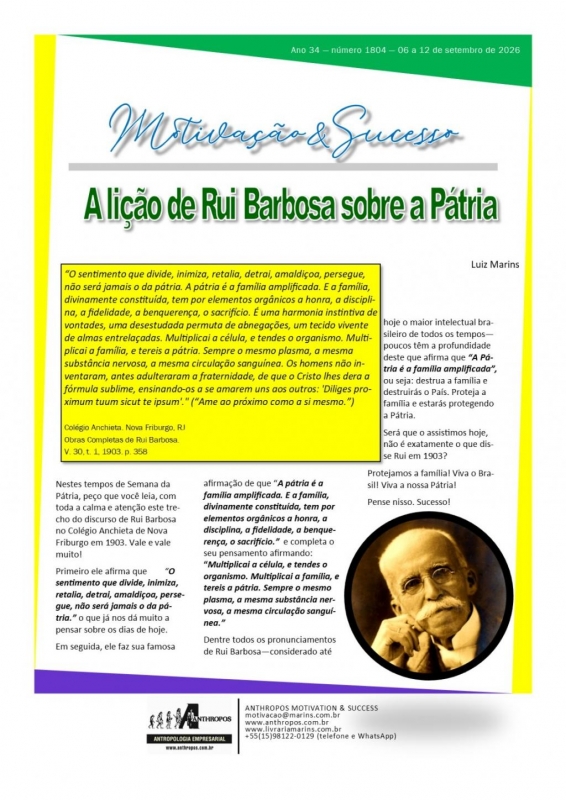 06 a 12 de setembro de 2026 - A lição de Rui Barbosa sobre a Pátria